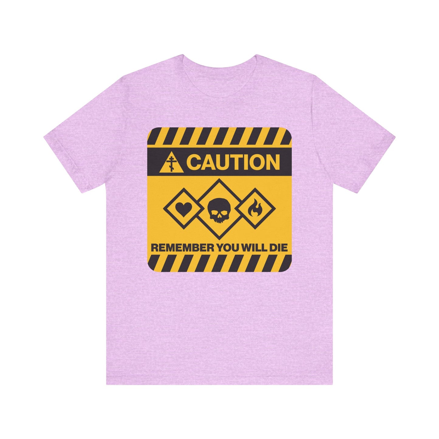 Heather Prism Lilac lightweight cotton unisex tee featuring a yellow caution street sign that reads "Remember You Will Die" with hazard symbols—a memento mori design inspired by Orthodox Christian tradition and St. Irenaeus of Lyons.