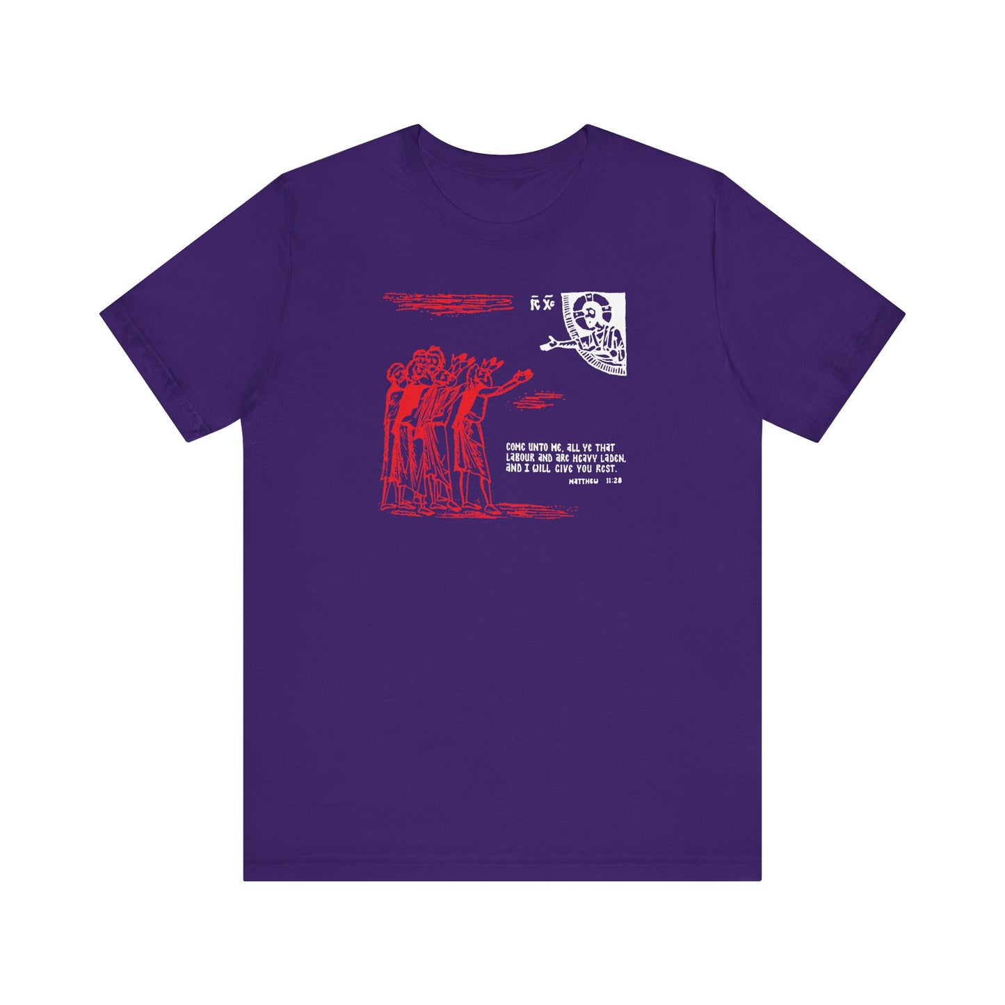 Team Purple cotton T-shirt featuring a red icono-graphic drawing with Orthodox Christian themes and “Come Unto Me All Ye That Labour & Are Heavy Laden (Matt. 11:28)” design.