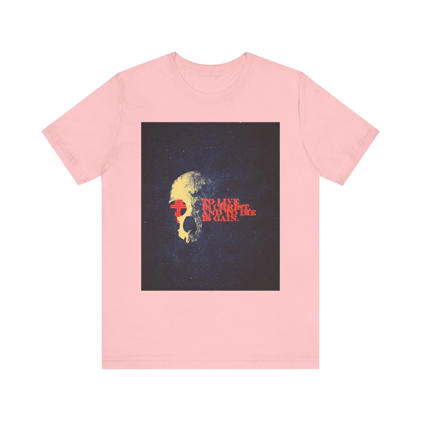 Sure! Here’s a rewritten version using your product data: Pink “To Live is Christ and to Die is Gain” unisex tee, featuring retro textured glowing letters, a cross and skull design inspired by Philippians 1:21, printed on lightweight cotton.