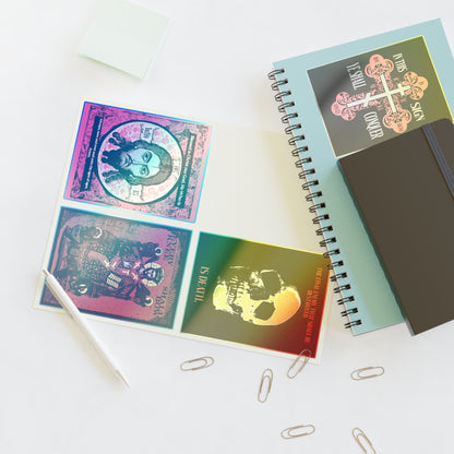 Bestseller Orthodox Sticker Mix No. 3 on desk with pen, spiral notebook, sticky notes, and paperclips.