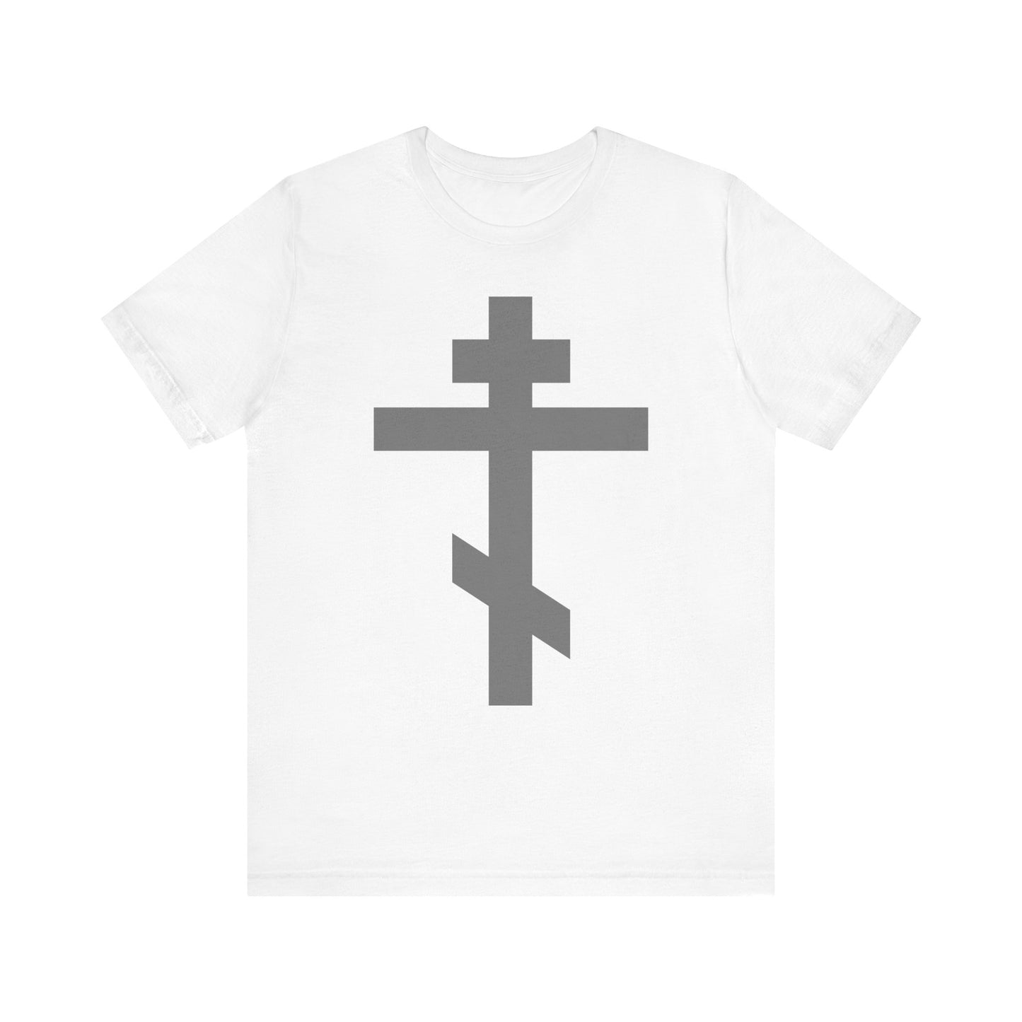 White tee featuring a large light gray Orthodox tribar cross on the front, inspired by St. John of Kronstadt and the message "Preserve Thy People By Thy Cross, O Lord"—a reminder of the Saviour’s sufferings; made from lightweight cotton and designed for all.