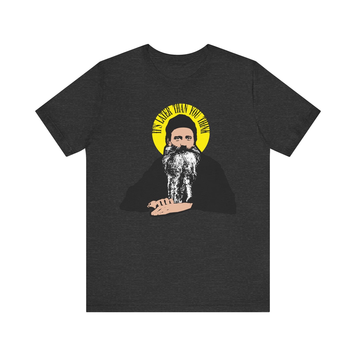 Dark Grey Heather tee featuring a bearded man with a yellow halo and the quote “It’s later than you think.” Inspired by St. Seraphim Rose, this lightweight cotton unisex shirt offers modern comfort and an Orthodox Christian message.