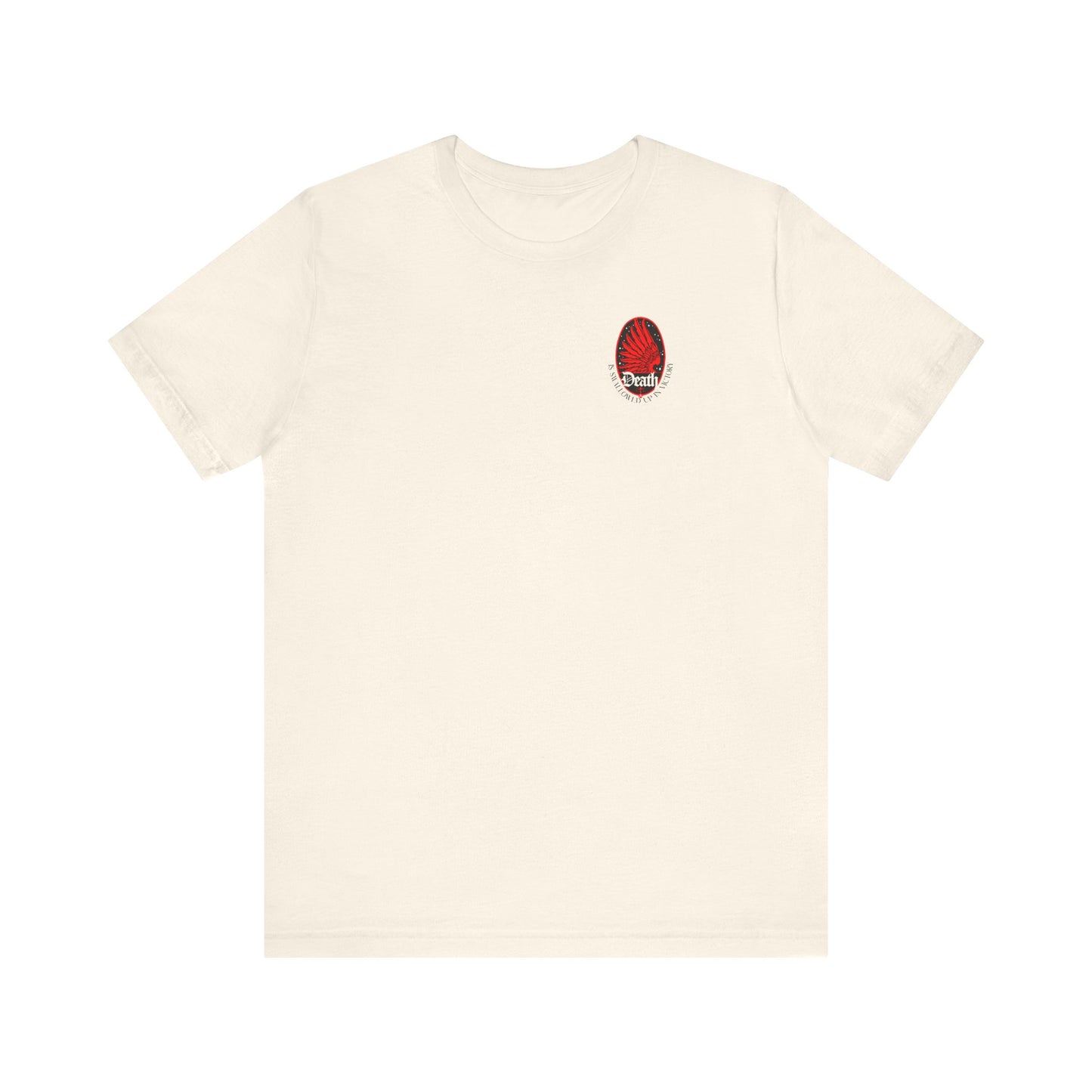 Natural-colored unisex t-shirt featuring a small Art Nouveau eagle wing & stars graphic on the left chest, inspired by 1 Cor 15:54—“Death is Swallowed Up In Victory.” Lightweight cotton, Orthodox design.