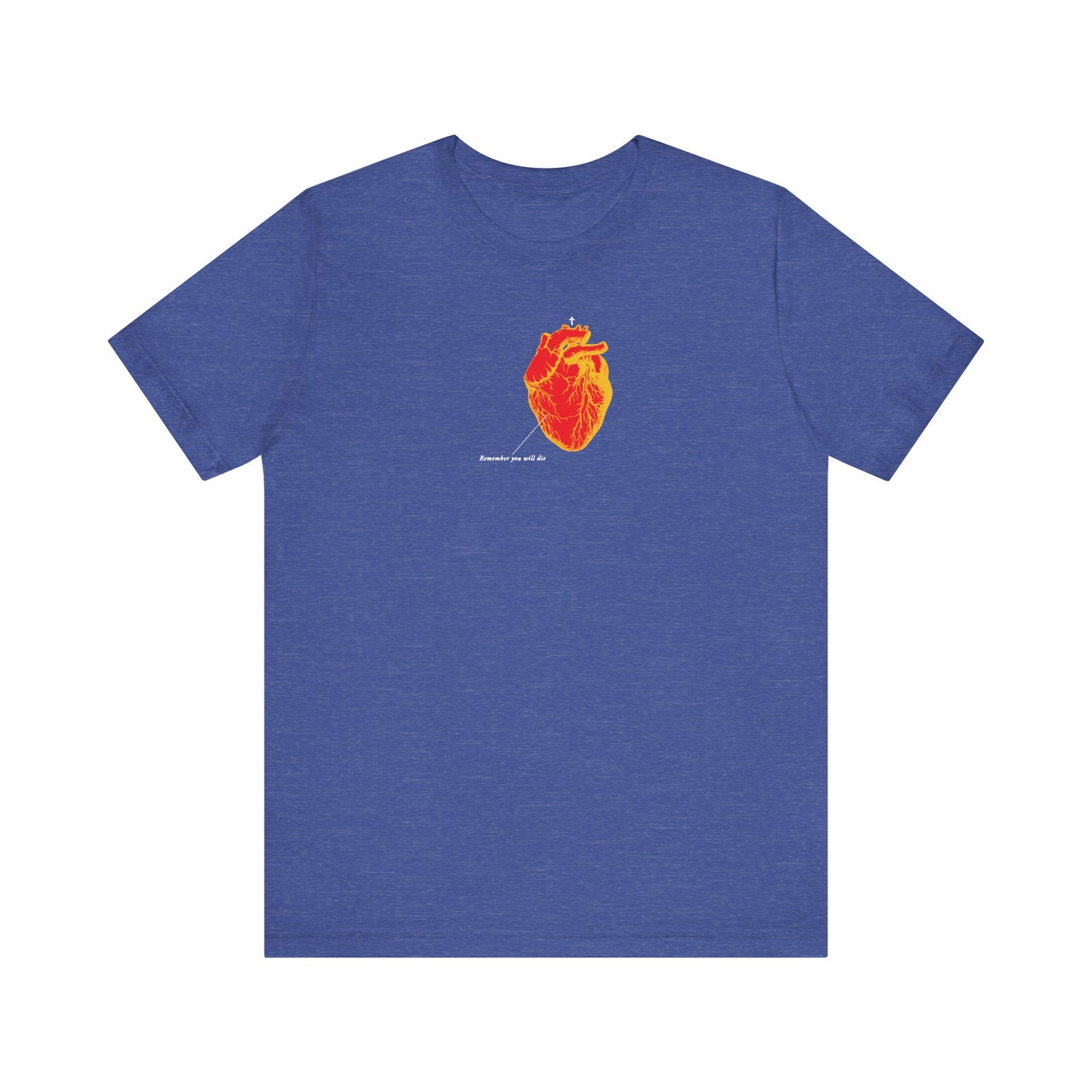 Heather True Royal tee featuring a red and orange antique medical heart graphic with "Memento Mori" Christian theme, inspired by soul and judgment. Lightweight unisex cotton.