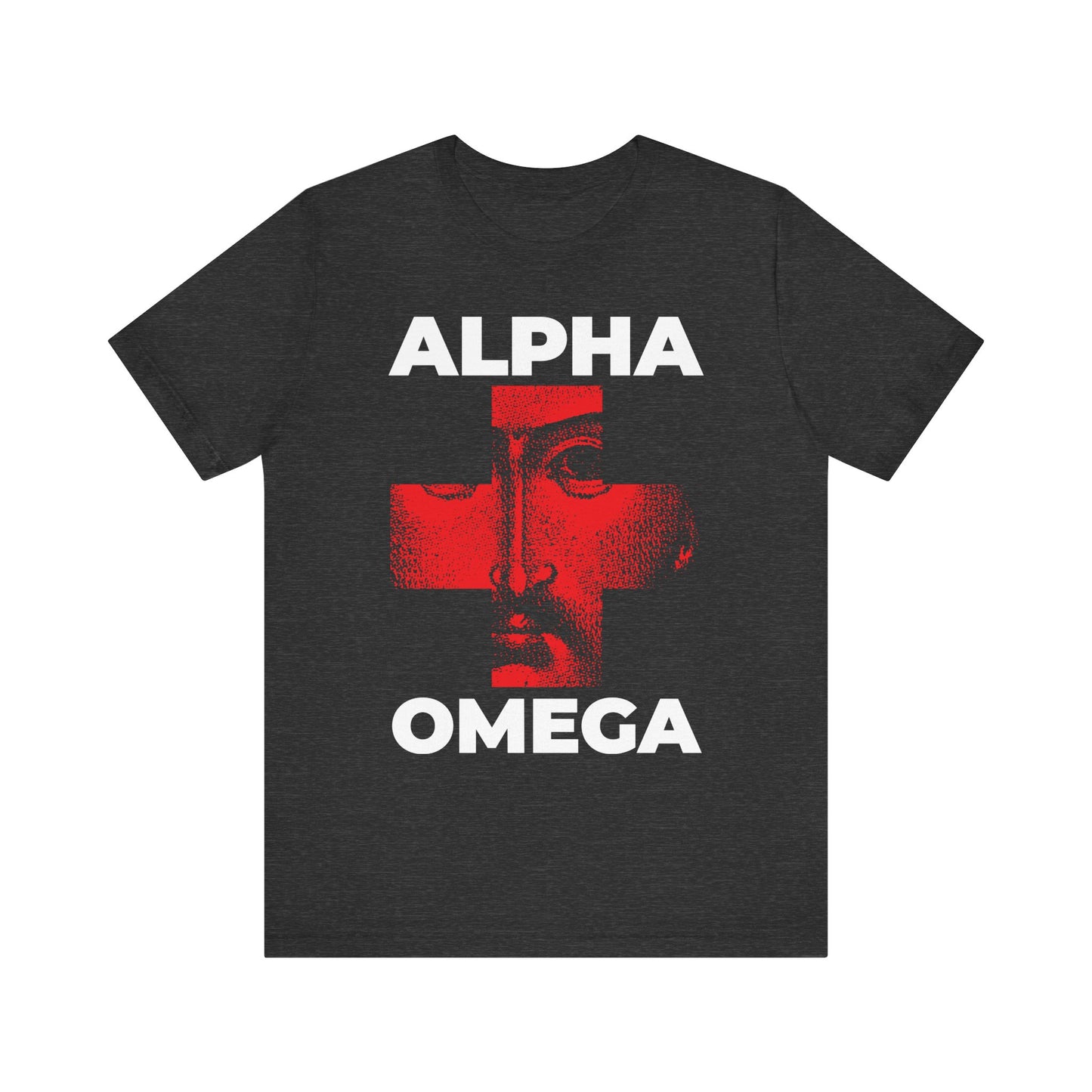 Dark Grey Heather tee with "I Am The Alpha + The Omega, The Beginning + The End (Rev 1:8)" text and Christ's face in a red cross iconographic design—lightweight cotton unisex shirt celebrating God's names.