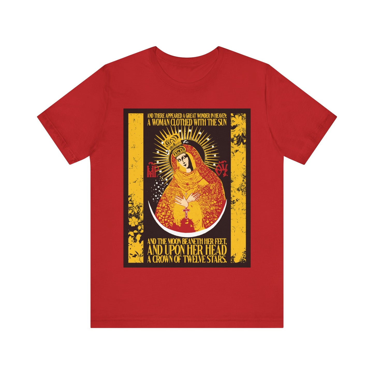 Our Lady the Gate of Dawn | Woman of the Apocalypse Rev 12:1 | Theotokos Gold Floral Texture Design | Orthodox Christian Cotton T-Shirt