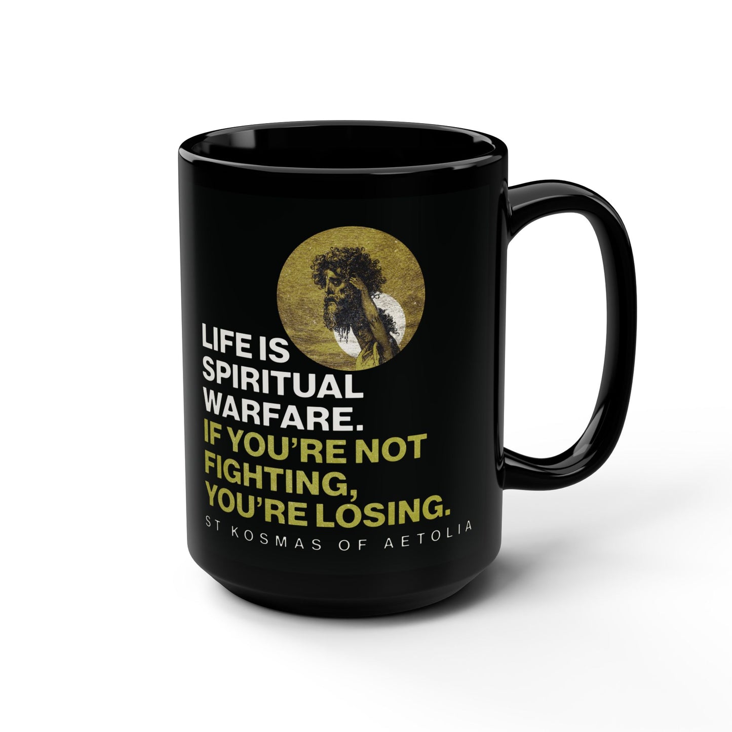 Life is Spiritual Warfare | St Kosmas of Aetolia | Gustave Dore | David & Goliath | Unseen Warfare | Orthodox Christian Black Mug