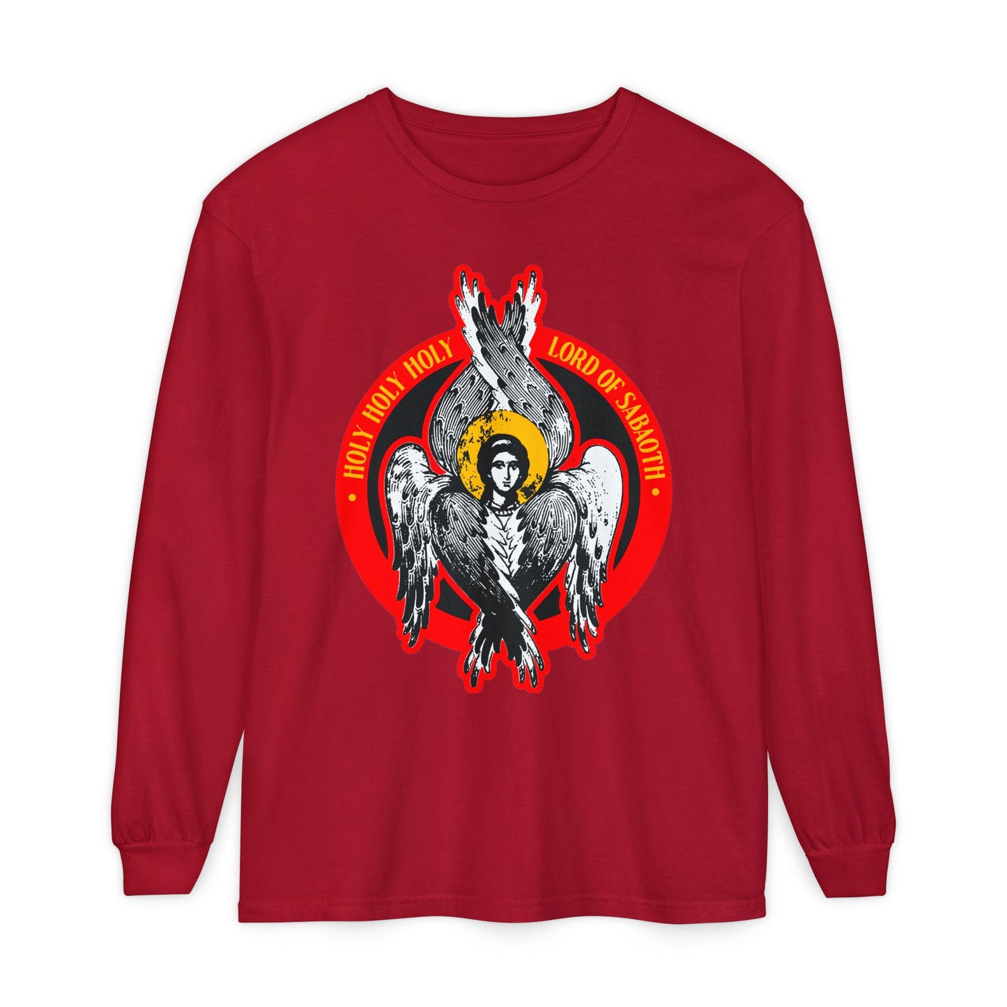 Red long sleeve "Holy Holy Holy, Lord of Sabaoth" shirt featuring an Orthodox seraphim angel graphic inspired by Isaiah 6’s throne vision, with text: "Holy, Holy, Holy Lord of Sabaoth.