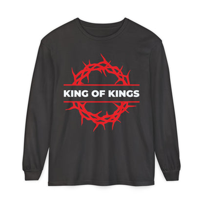 Graphite long-sleeve cotton shirt featuring a red crown of thorns and bold white "KING OF KINGS" text, inspired by Revelation 19:16. From the King of Kings Crown of Thorns | Christ is King collection.