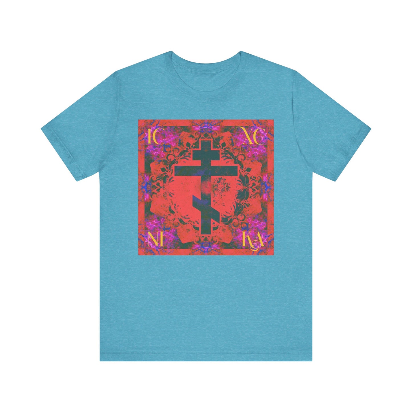 Certainly! Here’s a rewritten sentence based on the provided product data: The Heather Aqua ICXC NIKA Colorful Orange Magenta Cross Orthodox Christian Lightweight Cotton Unisex Tee features a striking cross design inspired by the Saviour’s sufferings and the enduring faith of St. John of Kronstadt, accented with vibrant colors and bold lettering.