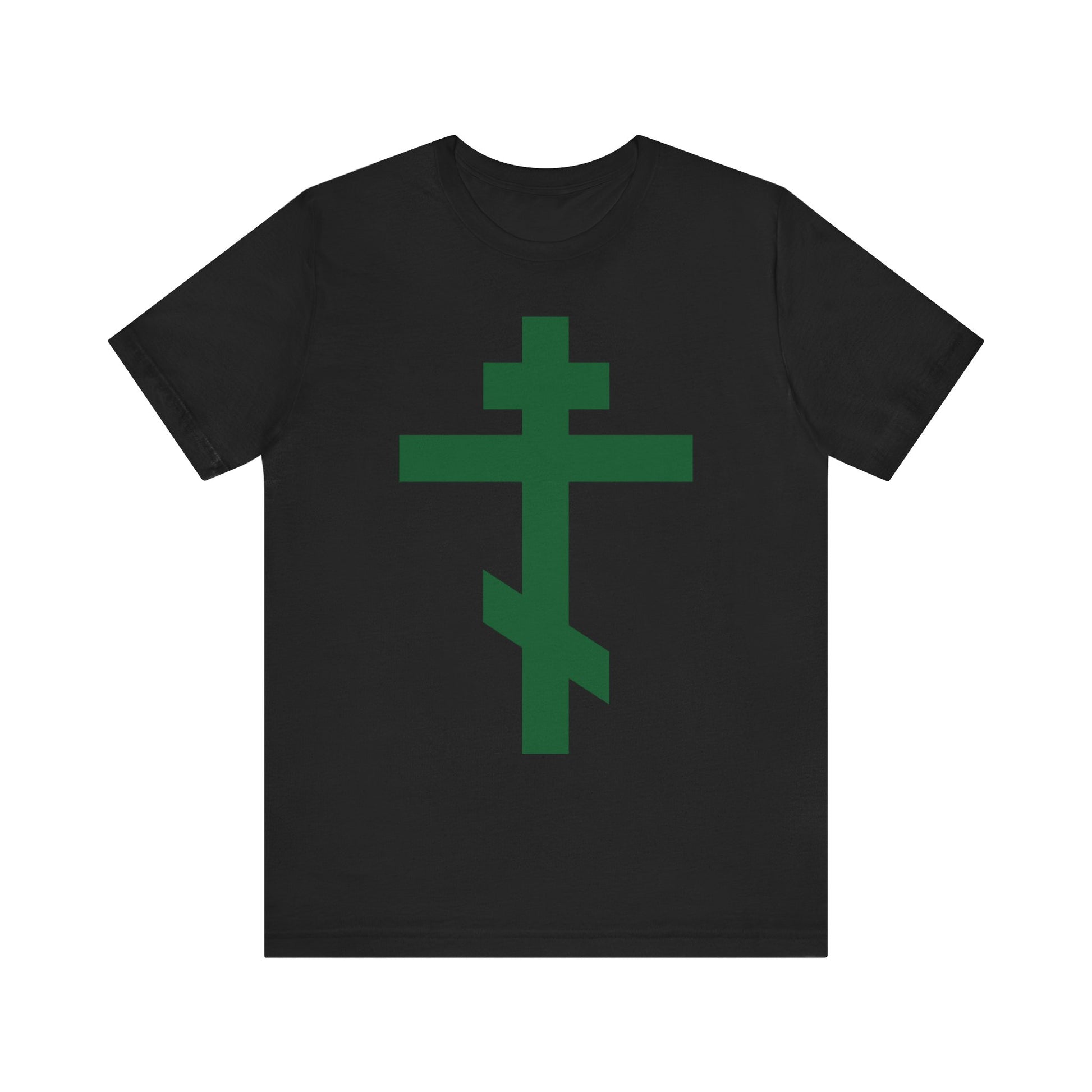Black lightweight cotton unisex tee featuring a large forest green Orthodox Tribar Cross with "Preserve Thy People By Thy Cross, O Lord" and "Christ is King" designs, symbolizing salvation.