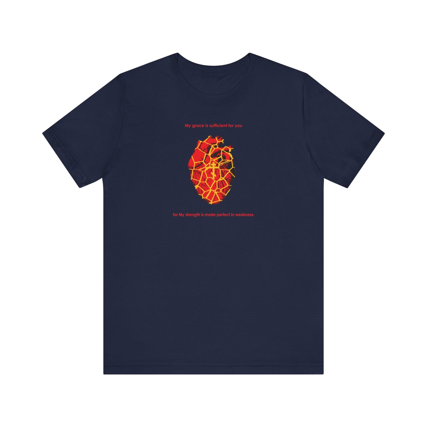 Navy tee featuring a Kintsugi-style golden broken heart with Orthodox cross, inspired by "My Strength is Made Perfect in Weakness" (2 Cor 12:9), lightweight cotton unisex fit.