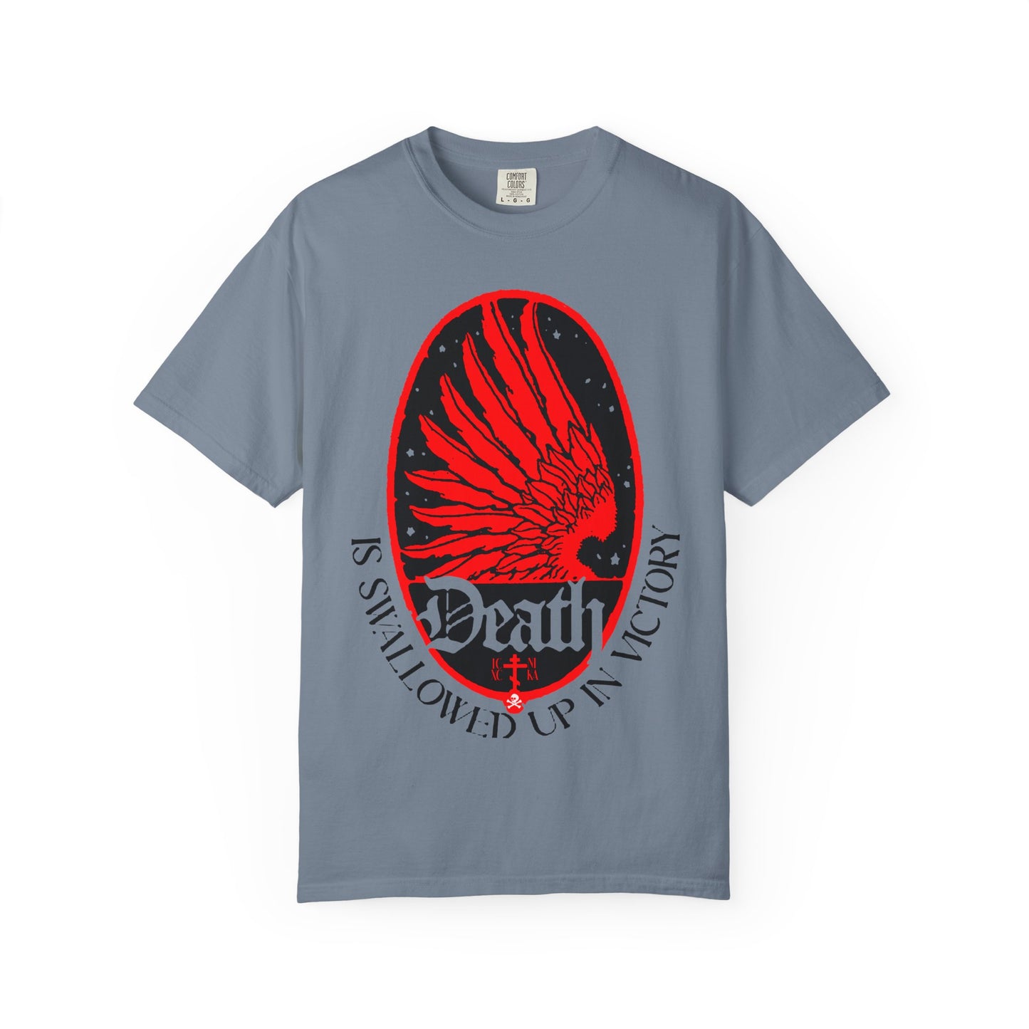 Blue Jean heavyweight cotton unisex tee featuring an Art Nouveau-inspired eagle wing and stars design, black oval background, and “Death is Swallowed Up in Victory (1 Cor 15:54)” text symbolizing victory over death.