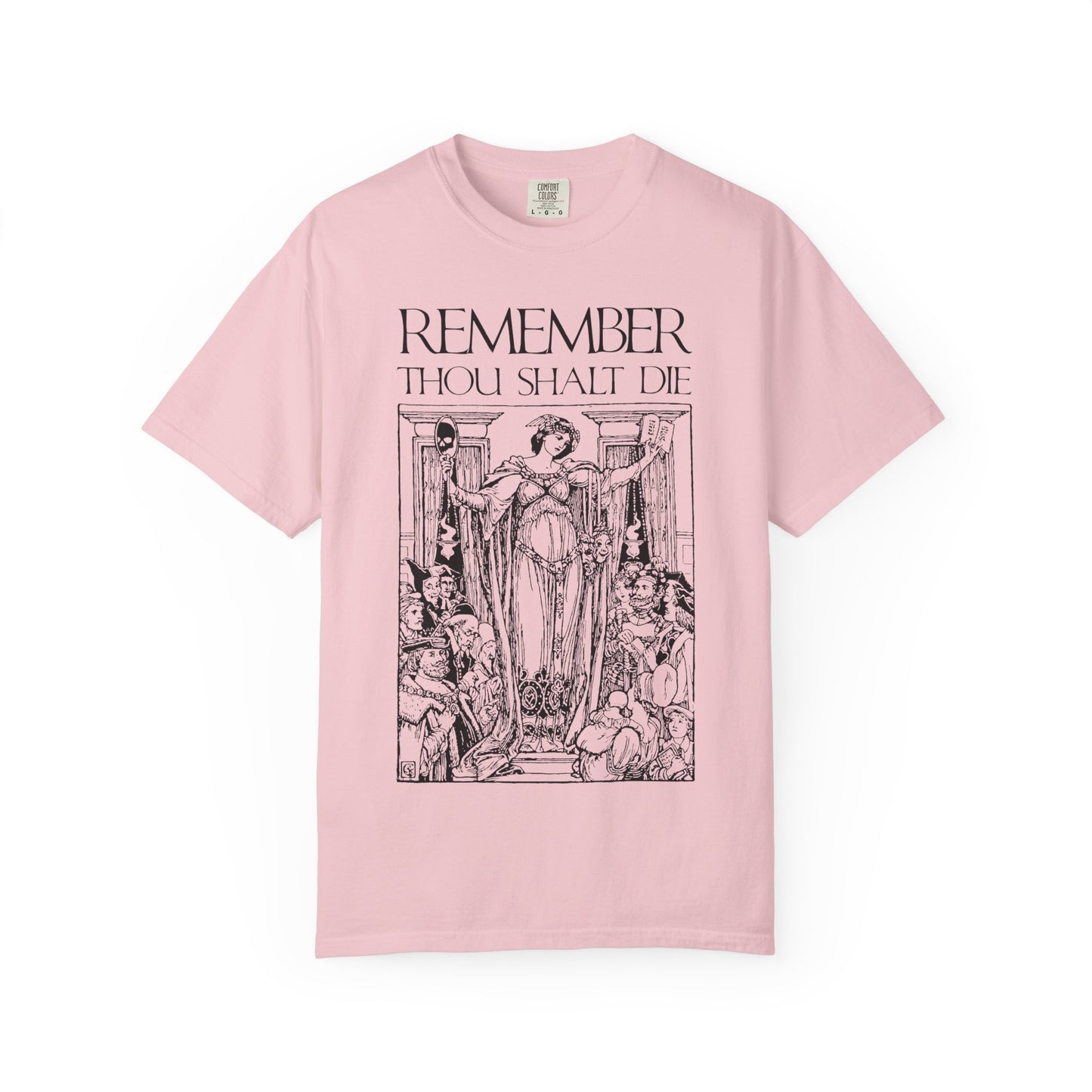 Blossom tee with a Shakespearean "Remember You Will Die" design, classic woodcut illustration, and memento mori Christian theme on heavyweight cotton.