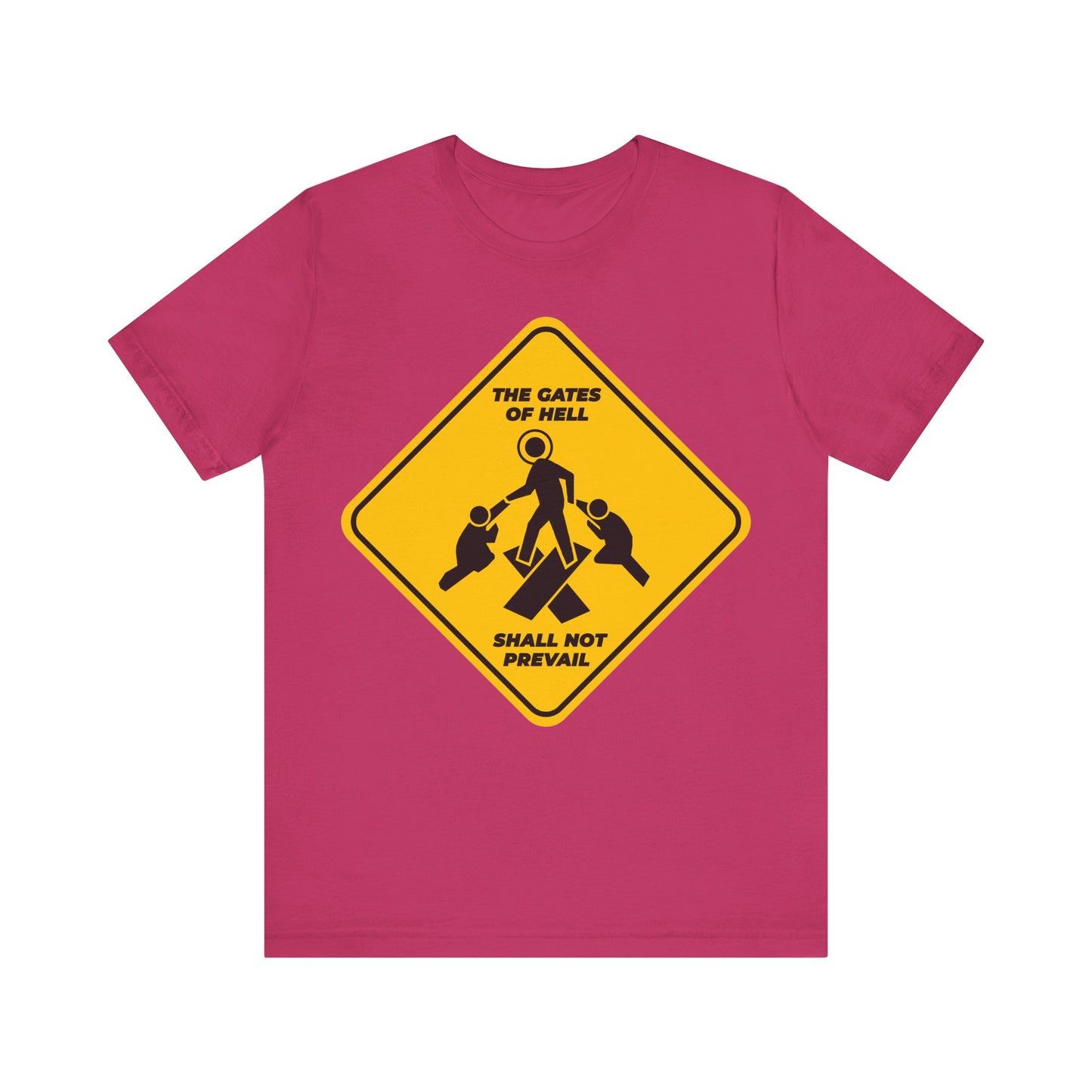 Gates of Hell Shall Not Prevail | Yellow Street Sign Minimalist Pascha Icon | Trampling Down Death By Death | Lightweight Cotton Unisex Tee