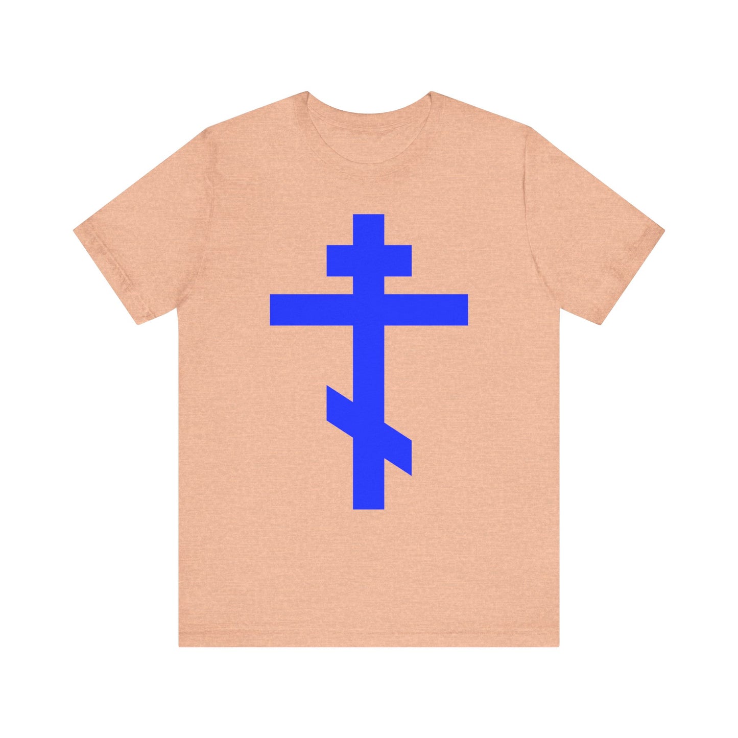 Heather peach lightweight cotton unisex tee featuring a large royal blue Orthodox tribar cross centered on the front, with the inscription "Preserve Thy People By Thy Cross, O Lord" and "Christ is King," symbolizing salvation through the Lord.