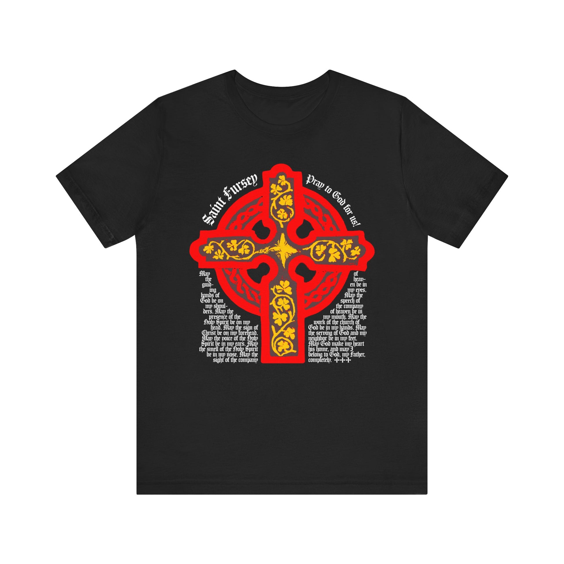Black "Lorica Shield Prayer of St Fursey" tee featuring a red and yellow Celtic cross with white text inspired by an ancient Celtic prayer on the front. Lightweight cotton, unisex fit.