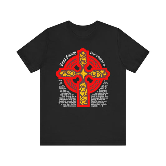 Black "Lorica Shield Prayer of St Fursey" tee featuring a red and yellow Celtic cross with white text inspired by an ancient Celtic prayer on the front. Lightweight cotton, unisex fit.