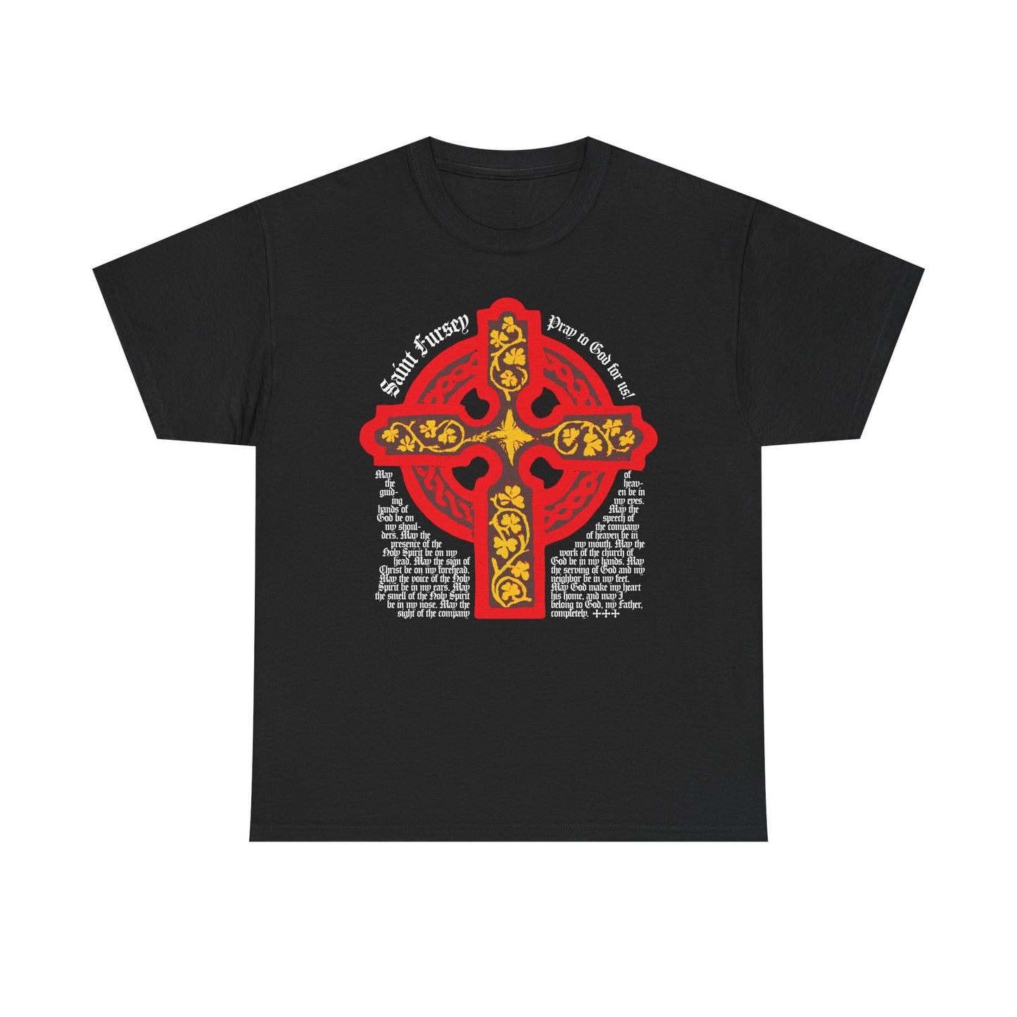 Black Lorica Shield Prayer of St Fursey tee featuring a bold red and yellow Celtic cross, inspired by the Ancient Celtic Church, with white text. Irish Orthodox Western Rite midweight cotton unisex t-shirt.