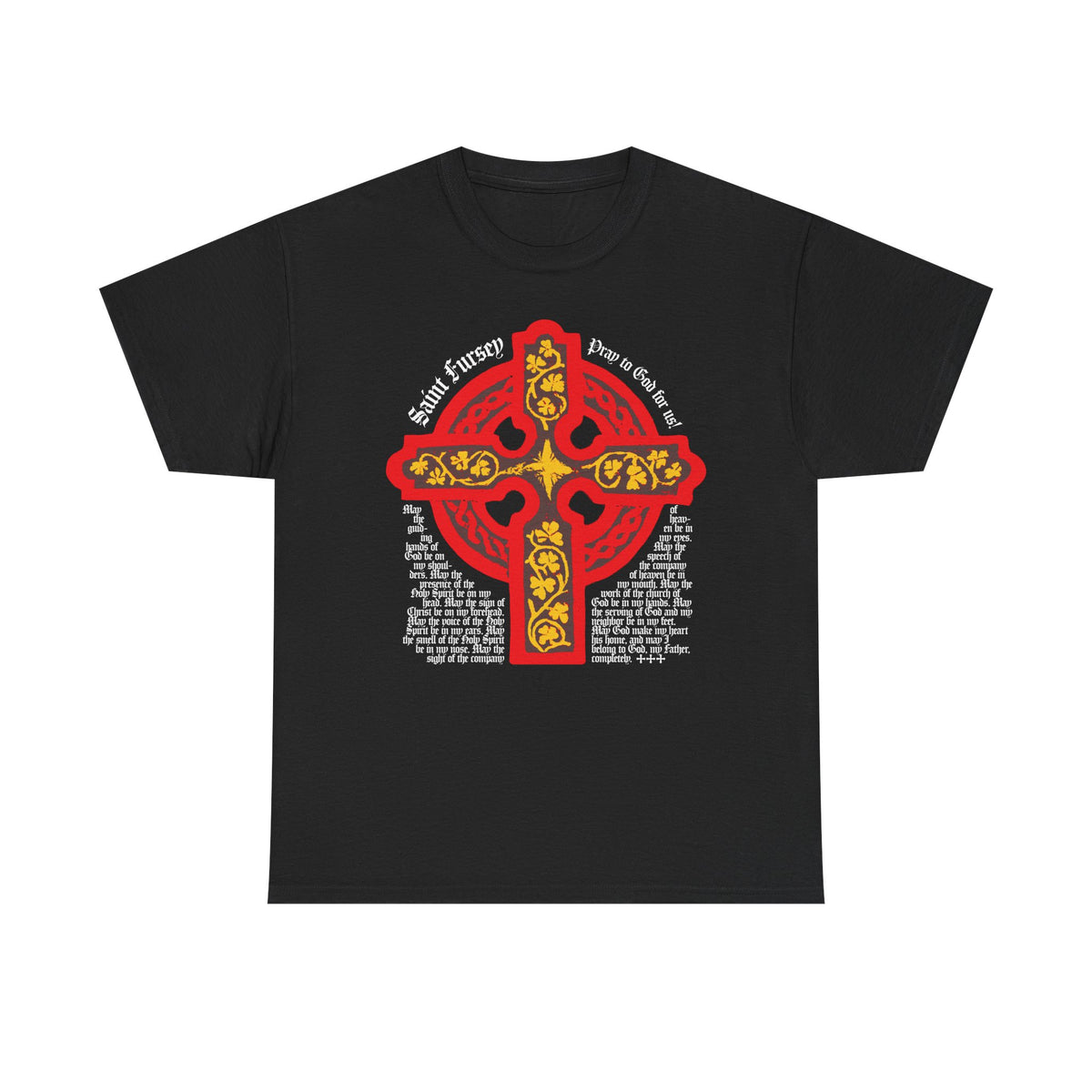 Black Lorica Shield Prayer of St Fursey tee featuring a bold red and yellow Celtic cross, inspired by the Ancient Celtic Church, with white text. Irish Orthodox Western Rite midweight cotton unisex t-shirt.