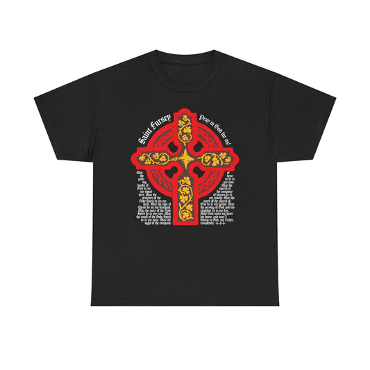 Black Lorica Shield Prayer of St Fursey tee featuring a bold red and yellow Celtic cross, inspired by the Ancient Celtic Church, with white text. Irish Orthodox Western Rite midweight cotton unisex t-shirt.