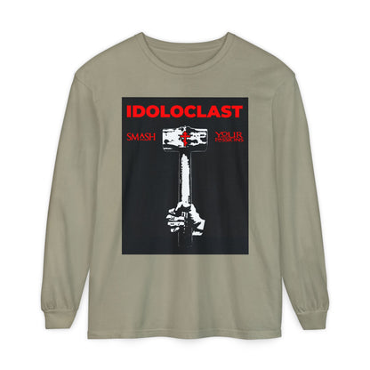 Sandstone long-sleeve shirt featuring Jesus’ fist with sledgehammer and bold red IDOLOCLAST text—an Orthodox Christian ascetic statement inspired by smashing your passions. ICXC NIKA.