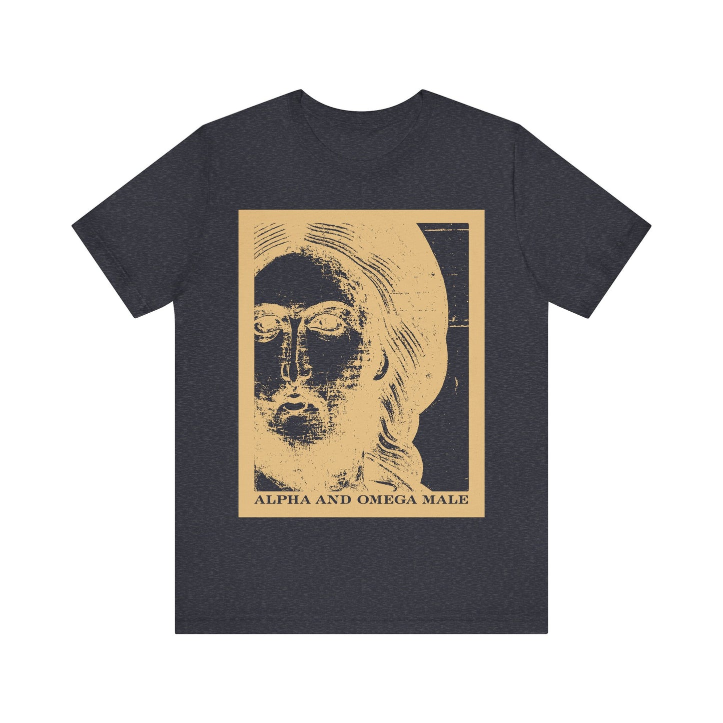 Heather navy unisex tee featuring a photonegative Jesus Christ icon and the text "Alpha & Omega Male" with "I am the Beginning & the End (Rev 22)," inspired by Orthodox Christianity.
