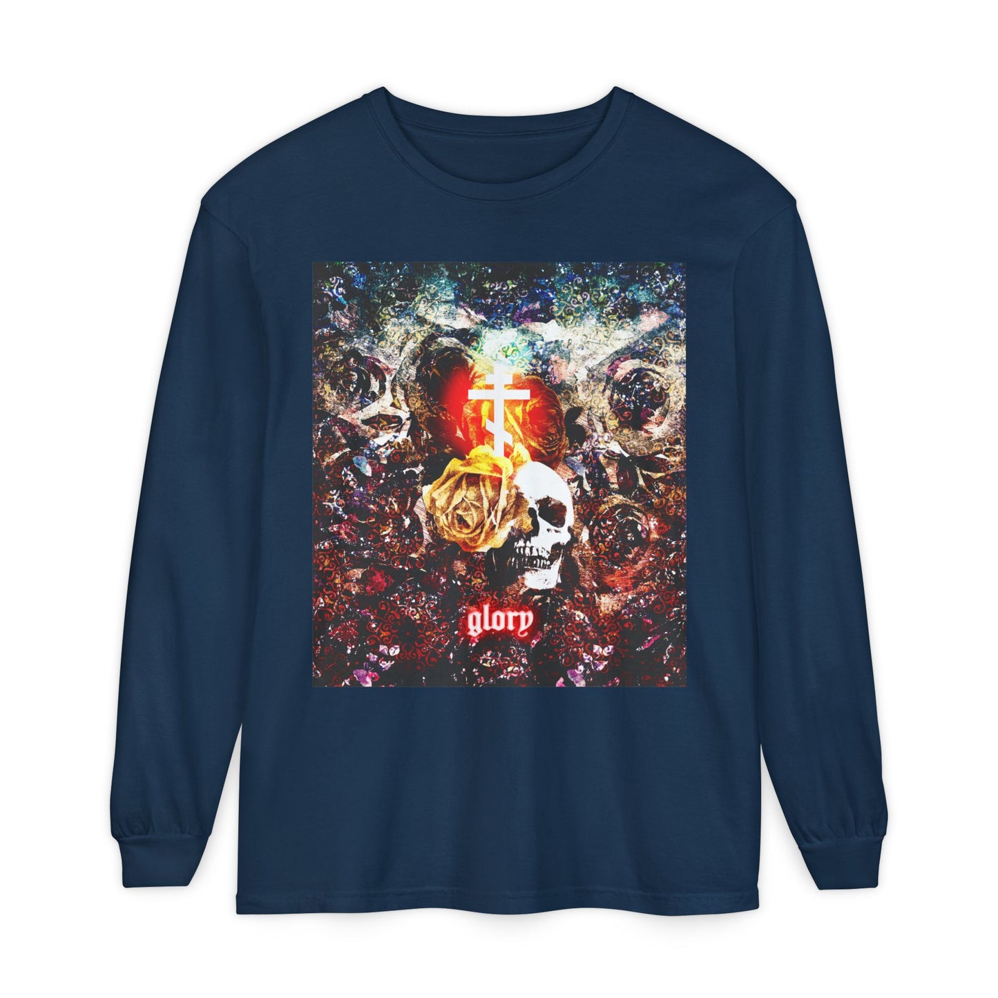 Now the Son of Man is Glorified (John 13:31) | Skull and Floral Glowing Cross Design | Orthodox Christian Long Sleeve Shirt