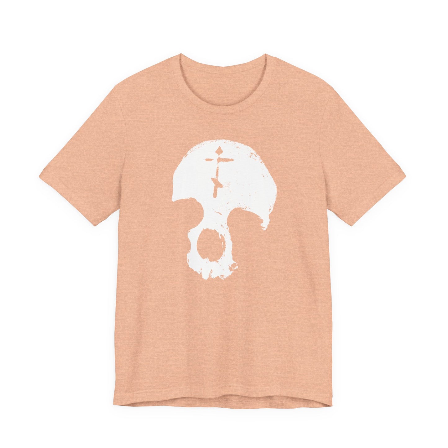 Heather Peach unisex tee featuring a large white skull with an Orthodox cross, minimalist Gothic Christian design inspired by St Ignatius Brianchaninov—All is Vanity, Memento Mori. Cotton.