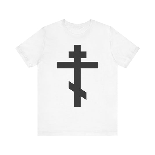 White unisex tee featuring a large black Orthodox cross and "He bore our sins on the cross so that we might die to sin & live to righteousness." Lightweight cotton.
