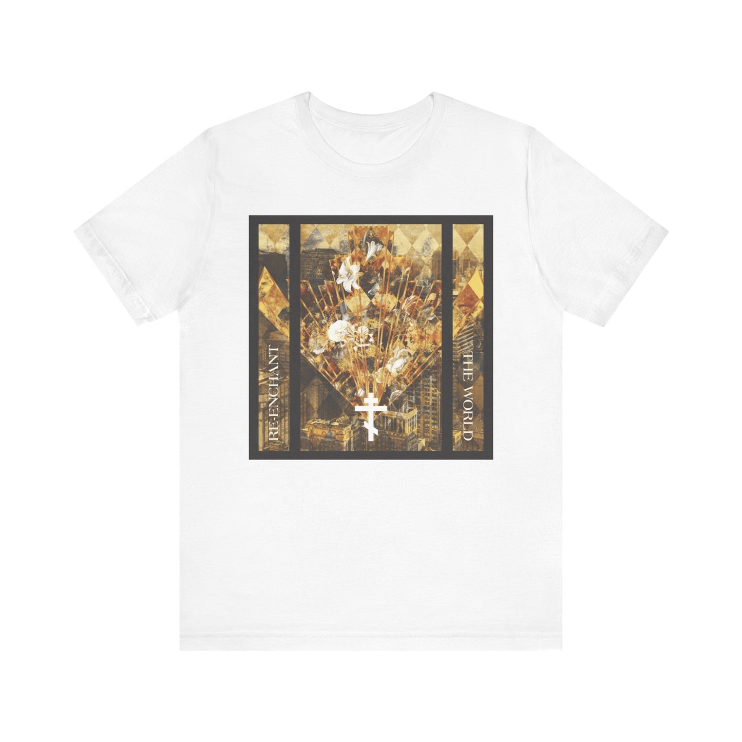 Rewritten sentence: White "Re-Enchant the World" t-shirt featuring a modern earthtone cityscape with cross and flowers, crafted in lightweight cotton; celebrates the Beauty of the Church and the Exaltation of the Cross.