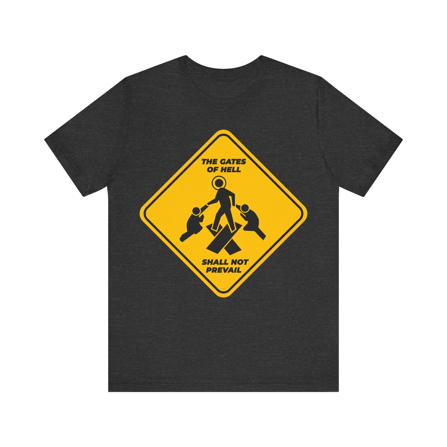 Gates of Hell Shall Not Prevail | Yellow Street Sign Minimalist Pascha Icon | Trampling Down Death By Death | Lightweight Cotton Unisex Tee