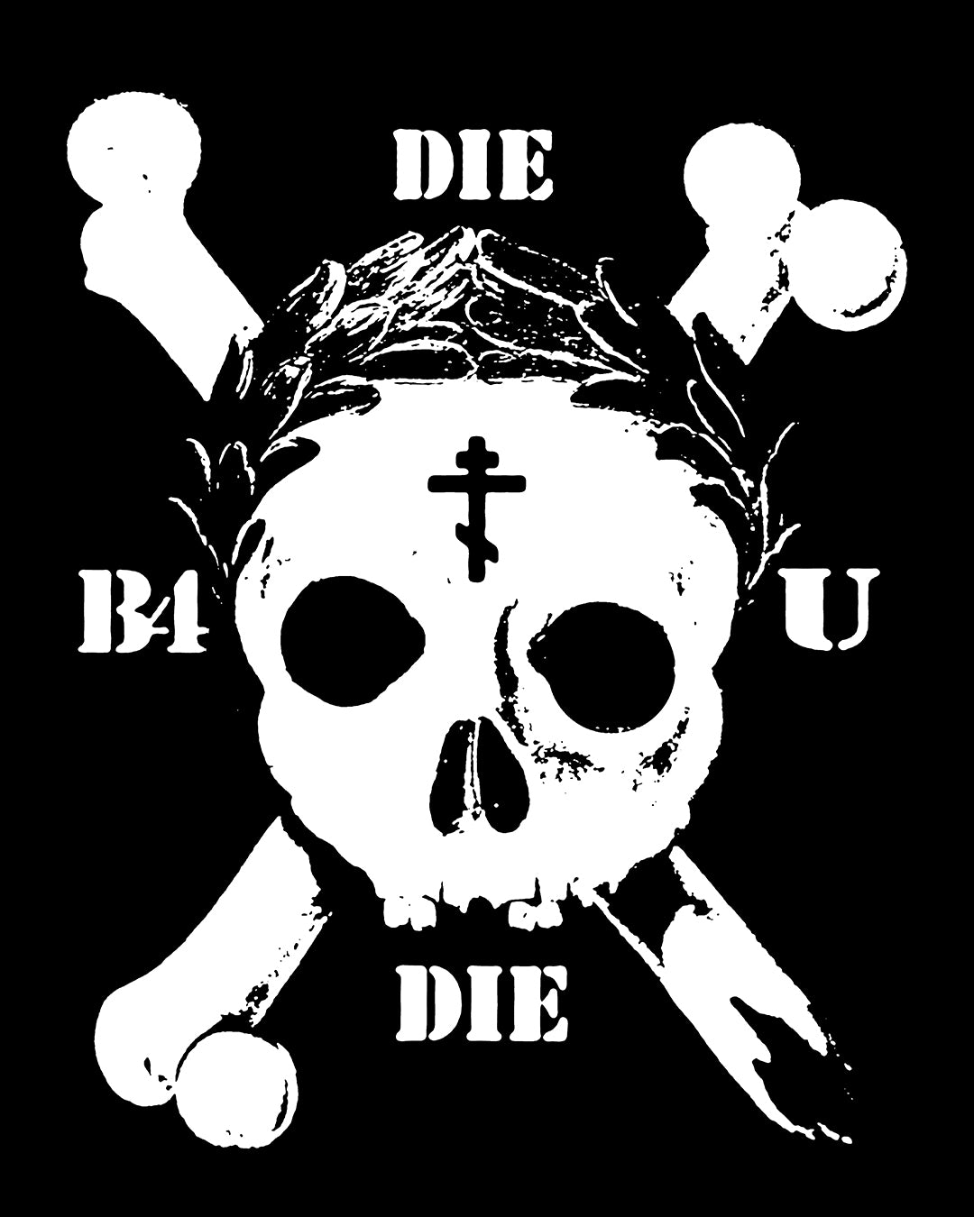 The "Die Before You Die" tote bag features a retro skull and crossbones with an Orthodox cross and laurel wreath on black—a striking memento mori for ascetic Christians, inspired by Matthew 16:24-25.