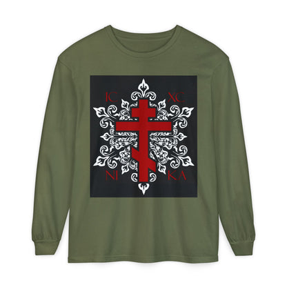 ICXC / NIKA Red Orthodox Cross on Ornate White Medieval Floral Design | Exclusive Best-Selling | Orthodox Christian Long Sleeve Shirt