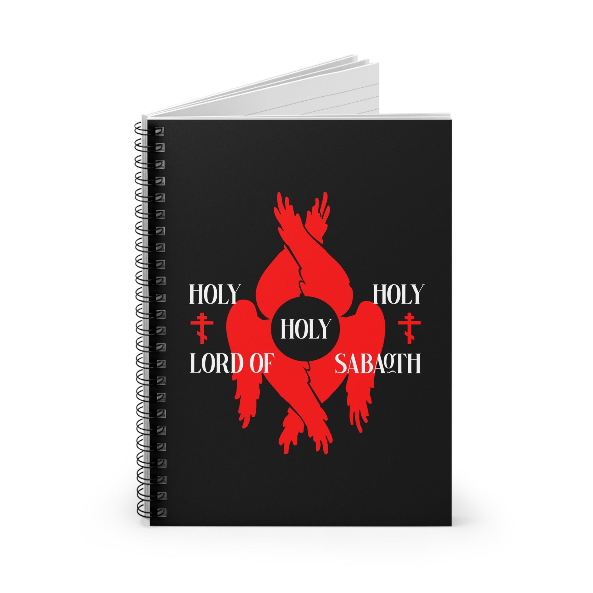 Spiral notebook featuring red seraphim wings, Orthodox crosses, and "Holy Holy Holy Lord of Sabaoth" design from Isaiah 6:3 on a striking black cover—perfect for Orthodox Christian inspiration.