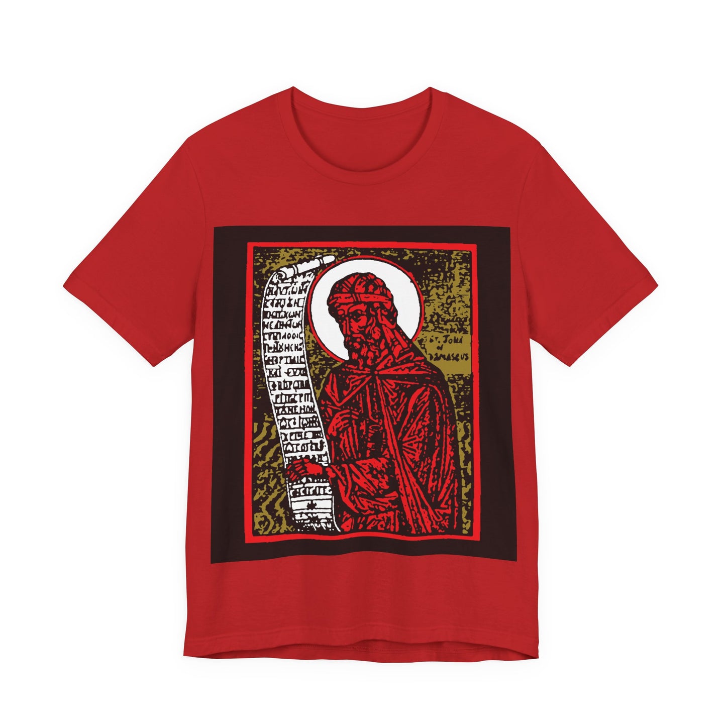 St. John of Damascus Icono-Graphic | Orthodox Christian Saint | Red Gold & Black High Contrast Design | Orthodox Christian Cotton T-Shirt
