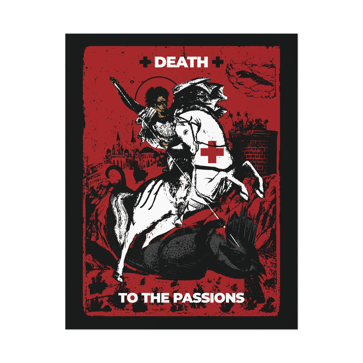 Inspired by the “St George Slaying the Dragon | Death to the Passions | Unseen Warfare | Ascetic Orthodox Christianity | Orthodox Christian Art Poster,” this striking artwork shows St. George on horseback vanquishing a dragon, with the words “DEATH TO THE PASSIONS” boldly set against a vivid red and black background, calling you to spiritual struggle and victory over sinful desires.