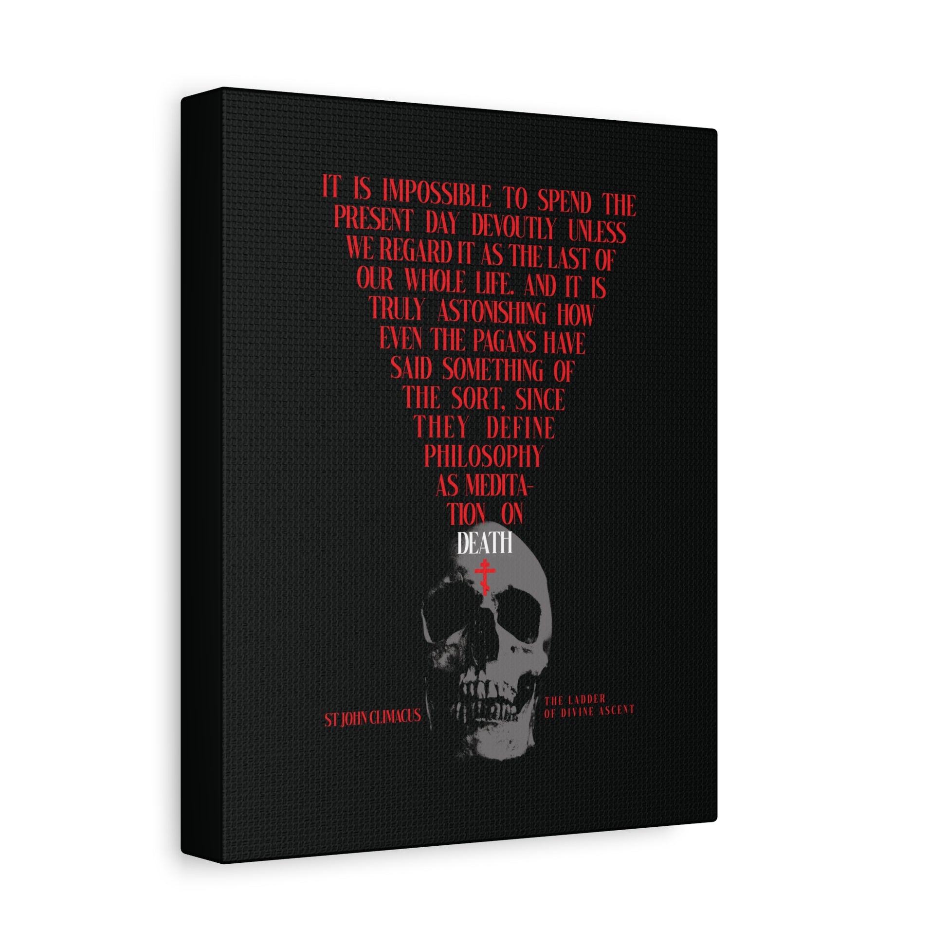 The Present Day As the Last Day of Our Life" Orthodox canvas wall art features a skull with a red Orthodox cross, inspired by St John Climacus—Memento Mori decor that invites reflection on death and philosophy against a bold black backdrop.