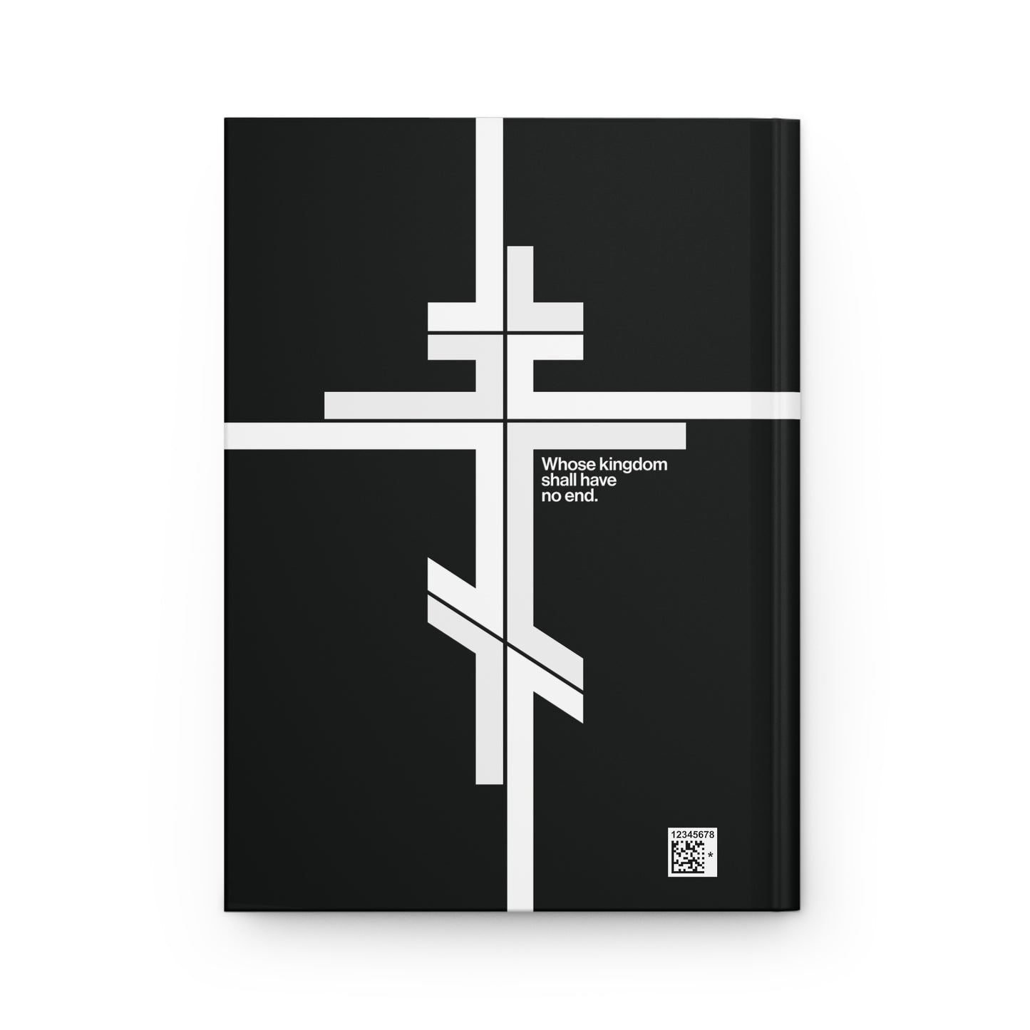 Whose Kingdom Shall Have No End | Luke 1:32-33—modernist minimalist hardcover journal featuring a black cover, white Orthodox cross, and text reflecting the eternal reign of Christ in the Orthodox Church.