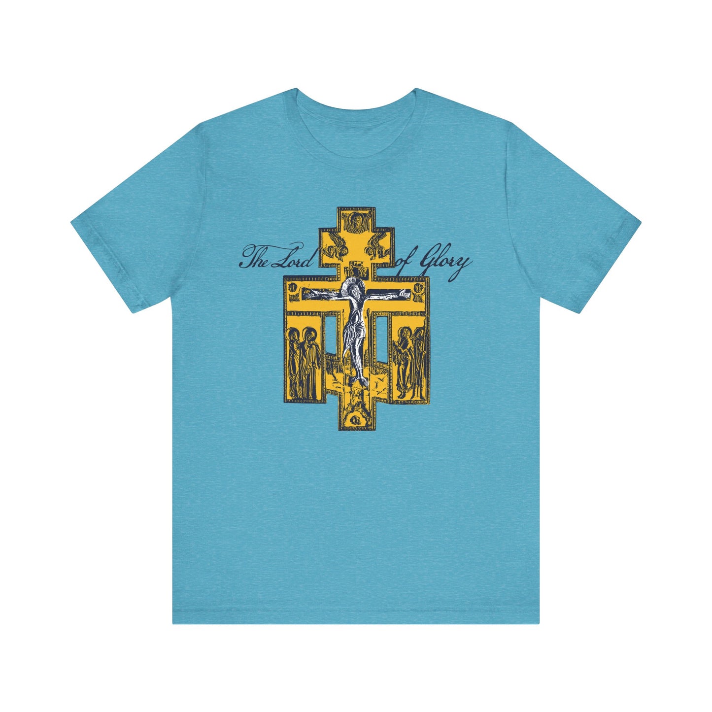 Heather Aqua unisex tee featuring the Russian Golgotha Crucifix iconographic design, black figures, a yellow Orthodox cross, and "The Lord of Glory" text—drawing inspiration from 1 Corinthians 2:8 and the wisdom of God.