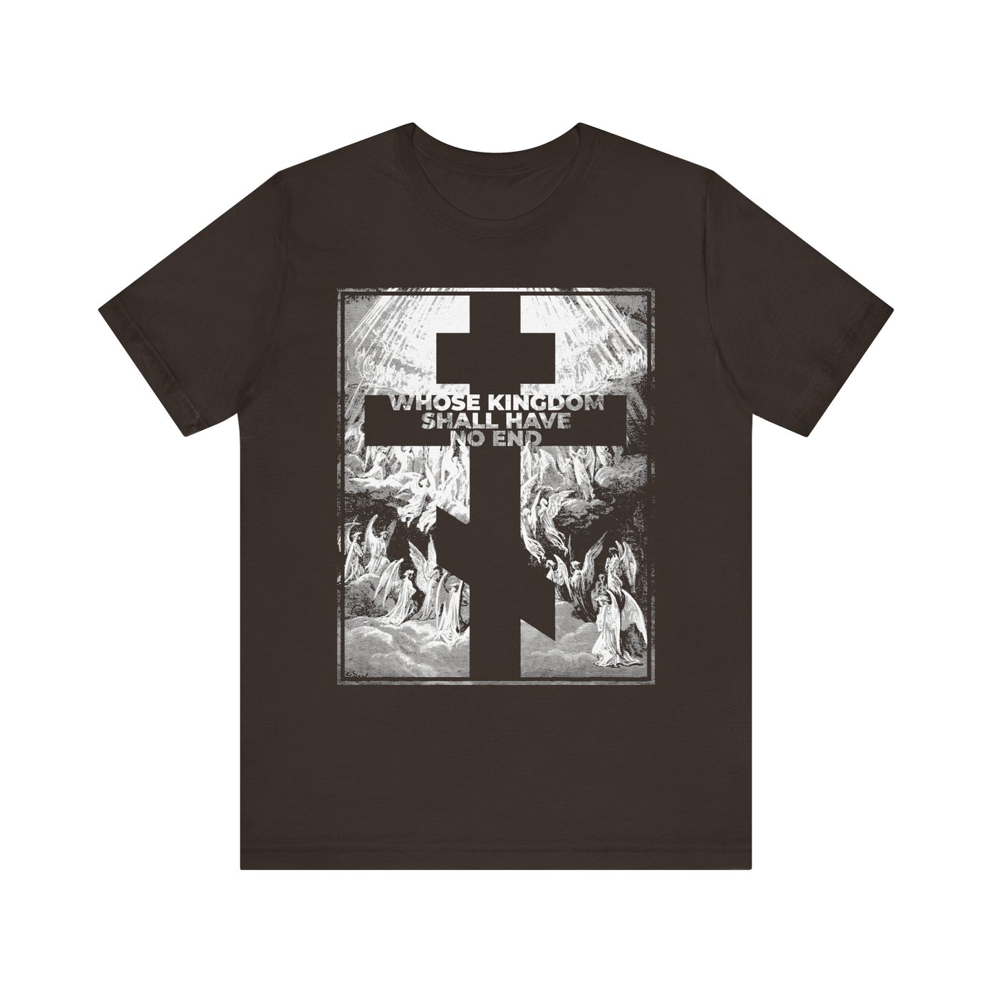 Experience a powerful statement of Christian faith with the "Whose Kingdom Shall Have No End" lightweight cotton unisex t-shirt, featuring striking religious artwork inspired by Gustave Doré, apocalyptic themes from Revelation, and the timeless words of the Nicene Creed / Symbol of Faith.