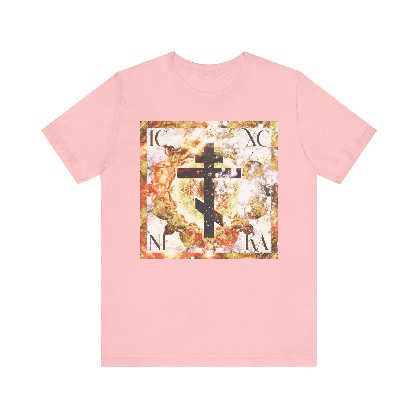 ICXC NIKA Pink Lightweight Cotton Unisex T-Shirt featuring a textured beige and brown glowing cosmic art cross with Greek letters in the corners, symbolizing the divine and human natures of Christ’s Incarnation.