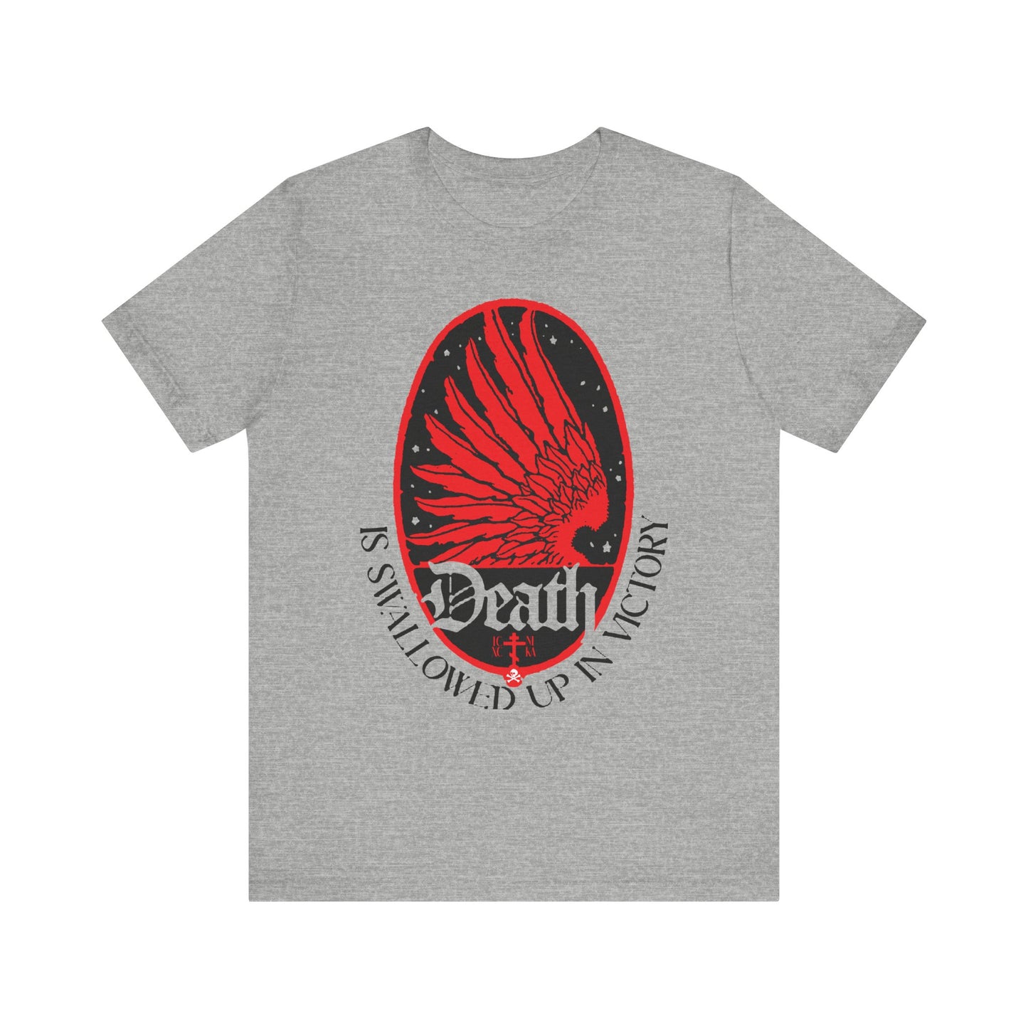 Athletic Heather tee featuring an Art Nouveau eagle wing & stars with "Death is Swallowed Up in Victory" (1 Cor 15:54), symbolizing freedom from death. Orthodox Christian, lightweight cotton unisex shirt.