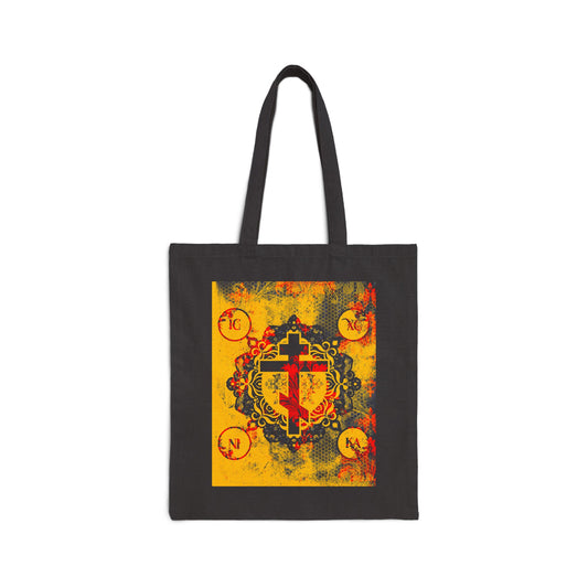IC XC NIKA Orthodox Cross | Yellow & Red Modern & Medieval Textured Floral Design | Orthodox Christian Tote Bag