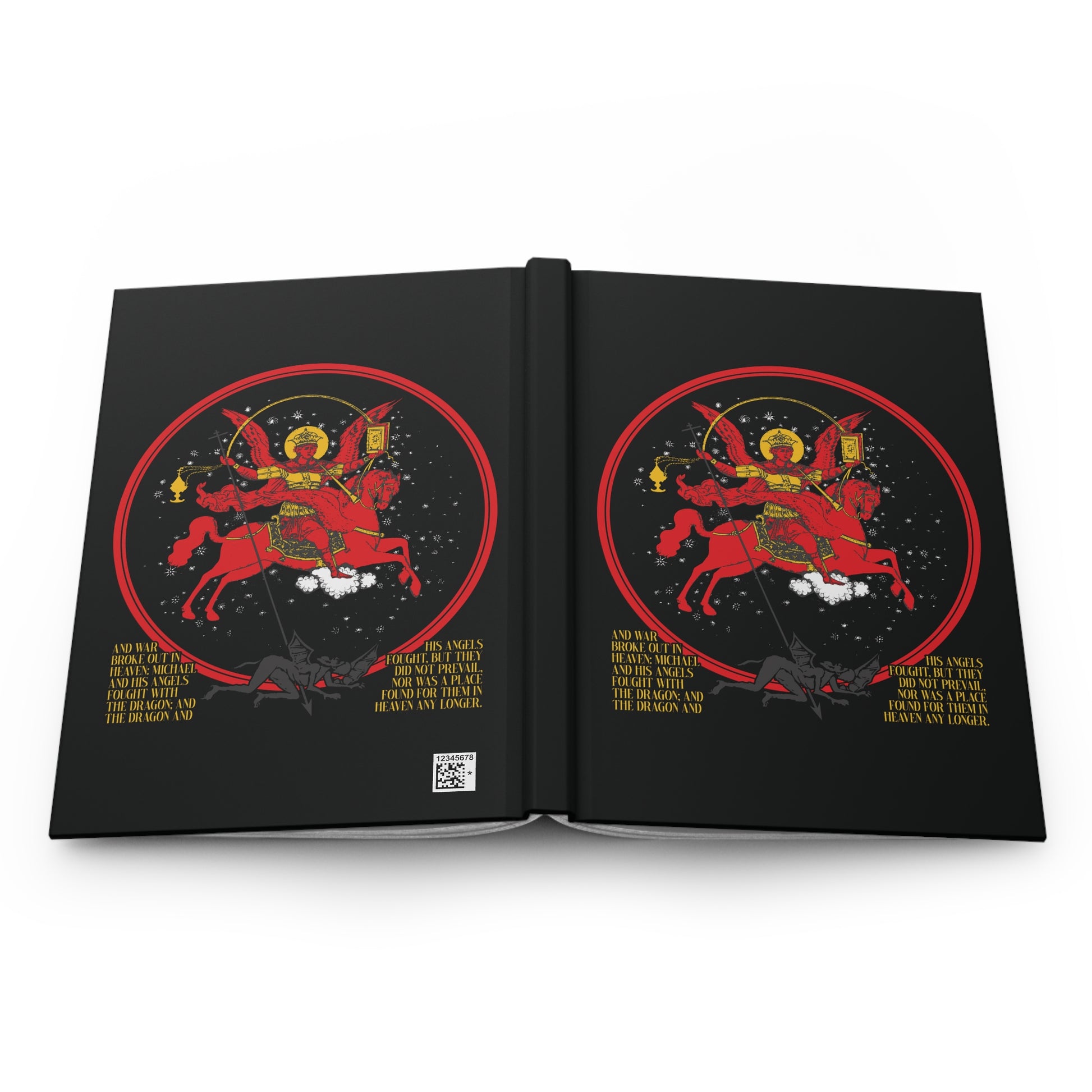 Black hardcover Orthodox Christian journal titled "Archangel Michael of the Apocalypse Icono-Graphic," showing the red-armored archangel on horseback, with gold text, inspired by the War in Heaven from Revelation 12:7-9.