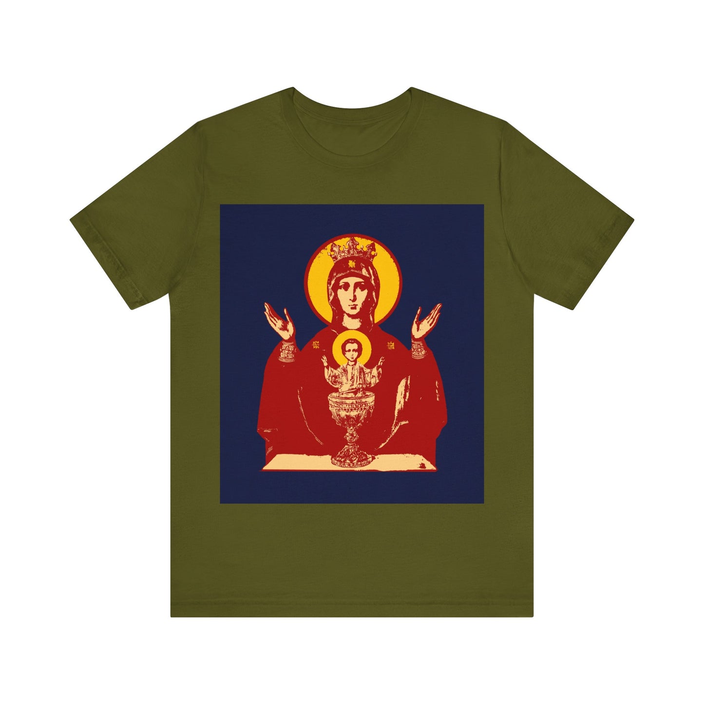 Olive T-shirt featuring the Holy Theotokos Inexhaustible Chalice icon, Deliverer from Addictions and Conqueror of Passions—Orthodox Christian design.