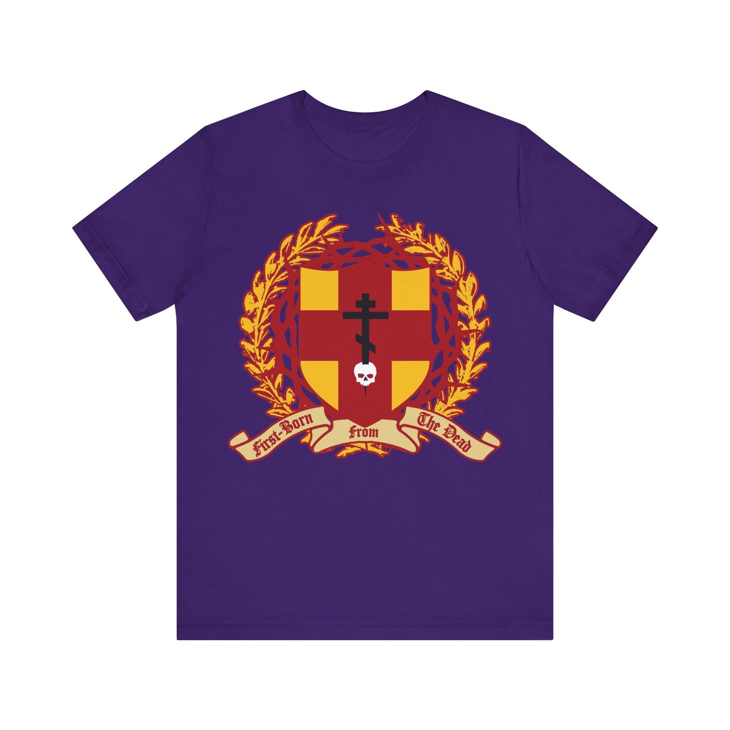 Team Purple Christian Cotton Unisex Tee featuring an Orthodox cross stabbing a skull, shield with victory wreath and crown of thorns, and "First-Born from the Dead (Col 1:18)"—a bold statement of faith.
