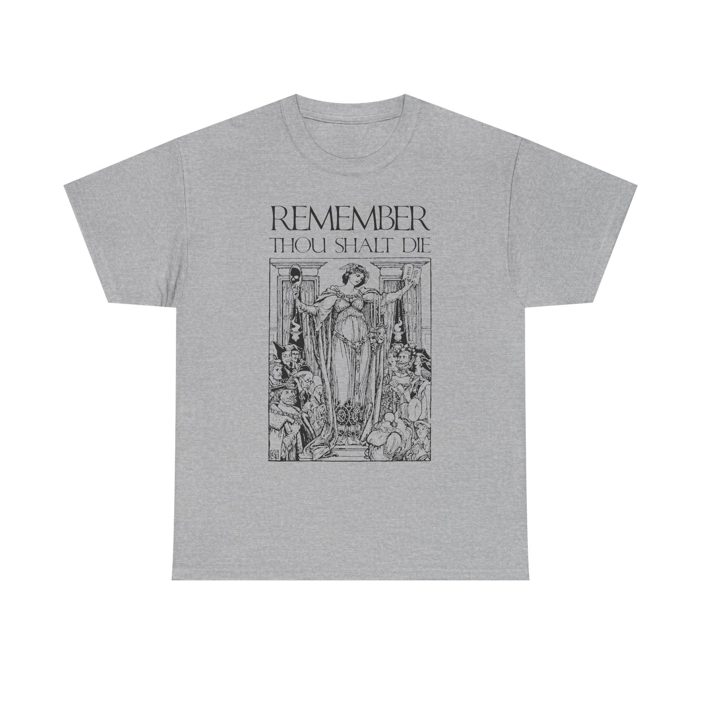 Sport Grey heavy cotton T-shirt featuring a classic woodcut-style Memento Mori design with "Remember You Will Die" in a Shakespearean theme—Christian-inspired art for daily reflection and consolation.