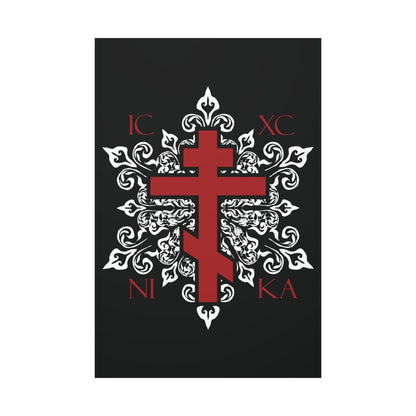 ICXC / NIKA Red Orthodox Cross on Ornate White Medieval Floral Design | Exclusive Best-Selling | Orthodox Christian Canvas Art