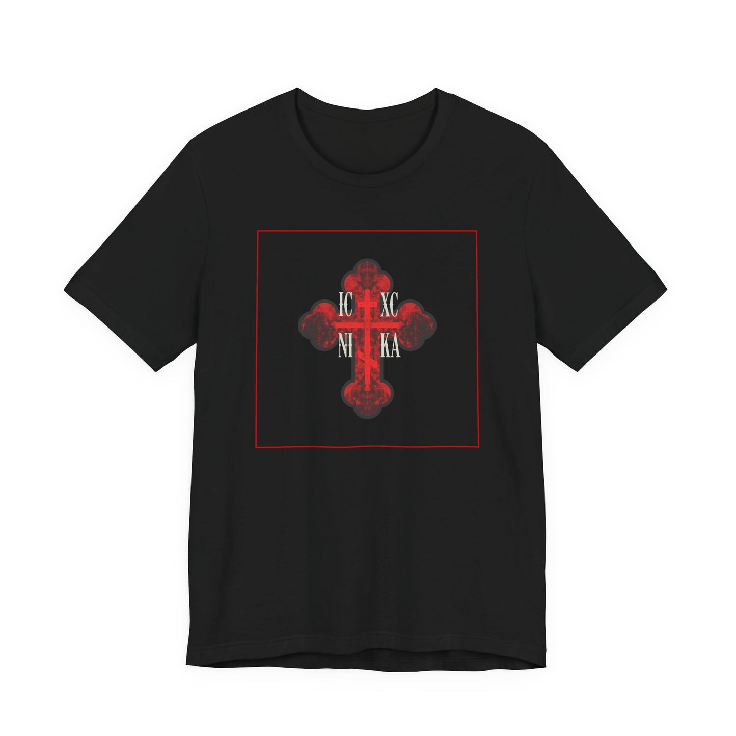 ICXC NIKA Red Glowing Ornate Textured Orthodox Cross | The Cross is the Symbol of Salvation | Christian Cotton Unisex Tee